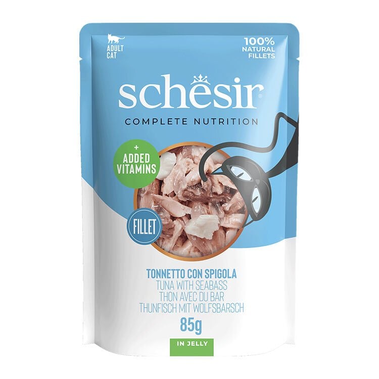 Schesir Jelly Ton Balıklı ve Levrekli Jöle İçinde Yetişkin Kedi Pouch 85g