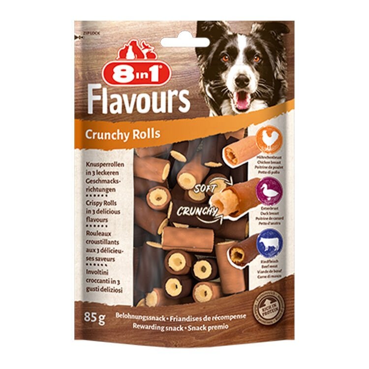 8IN1 Flavours Crunchy Rolls Köpek Ödül Maması – Tavuklu & Ördekli & Sığır Etli – 85GR