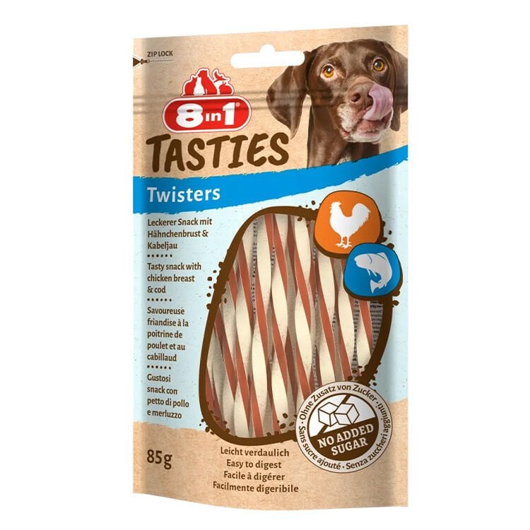 8IN1 Tasties Twisters Burgu Çubuk Köpek Ödül Maması – Tavuklu & Balıklı – 85GR